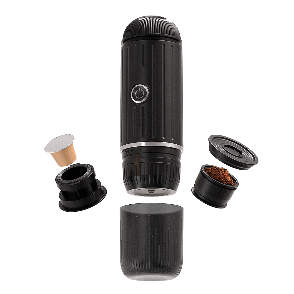 Shop portable espresso makers with rechargeable features, compatible with Nespresso pods and ground coffee, perfect for travel, camping, and home use.